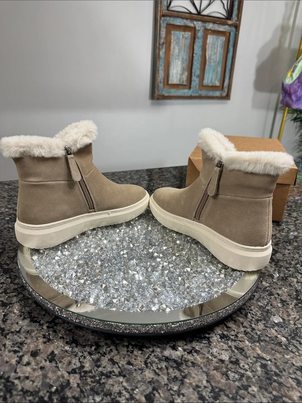Marc Fisher Foggie Taupe Suede and faux fur Trim Ankle Boots NEW 7.5